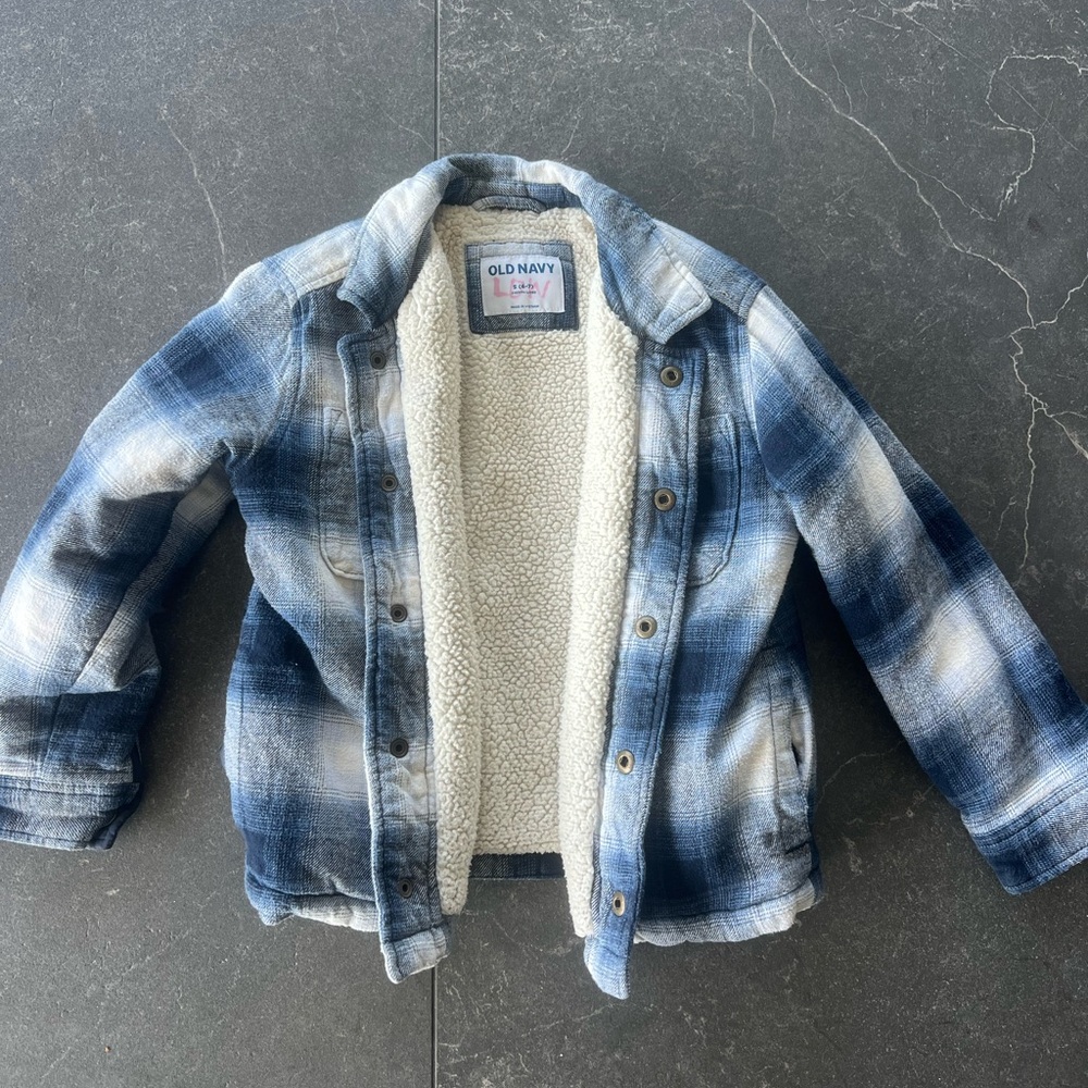 Old Navy Kids Plaid Jacket Blue and White, Sherpa lined